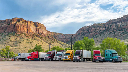 A lineup of colorful freight trucks parked against a stunning mountain backdrop, highlighting the intersection of transportation and nature in a peaceful rural setting.の素材