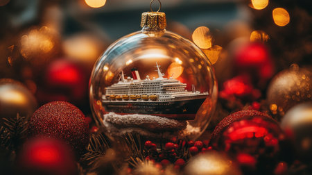 A stunning Christmas ornament showcasing a detailed cruise ship inside, set against vibrant holiday decorations, exuding warmth and festive charm for the season.の素材