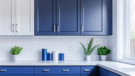 A stylish modern kitchen showcases navy blue cabinets and white subway tile, complemented by fresh green plants, creating a bright and inviting cooking space.の素材