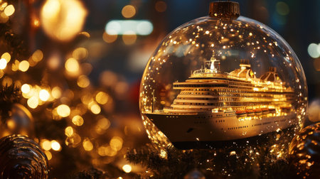A stunning glass ornament showcases a intricately designed cruise ship, surrounded by soft twinkling lights, creating a magical holiday atmosphere perfect for seasonal celebration.の素材