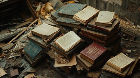 This image captures a pile of old books in a neglected, dusty space, highlighting the beauty of forgotten stories and the passage of time in a tranquil yet eerie setting.の素材