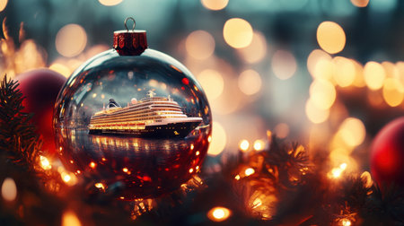 A beautiful holiday ornament captures a cruise ship reflected within, set against a backdrop of glowing lights and festive decorations, creating a joyful winter ambiance.の素材