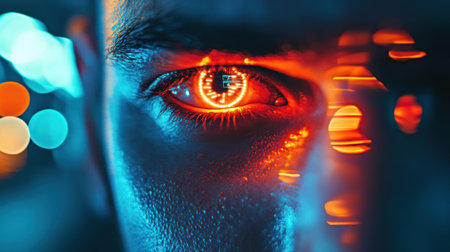 Stunning close-up image of a human eye featuring captivating neon reflections and a futuristic glow, perfect for conveying emotion and technological themes in design and art.の素材