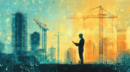 A silhouette of a construction worker using a digital tablet while overseeing an urban development project, framed by cranes and skyscrapers during a breathtaking sunrise.の素材