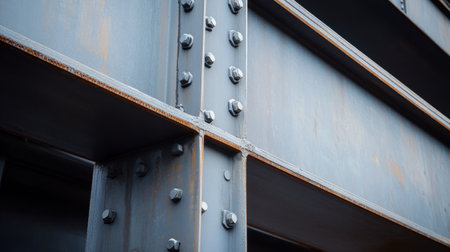Close-up view of an industrial steel framework showcasing weathered bolts and rivets. This image captures the essence of strength and design in urban construction.の素材