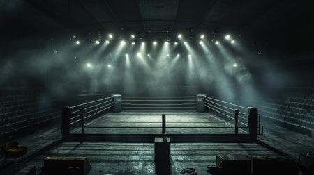An empty boxing ring in a dark arena, enhanced by dramatic lighting and swirling smoke, evokes a powerful sense of anticipation for upcoming matches and fierce competition.の素材