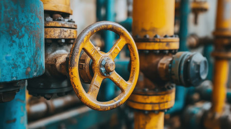 Close-up view of a rusty industrial valve and wheel composed of metal showcasing wear from years of use in a factory environment with vibrant blue and yellow pipes.の素材
