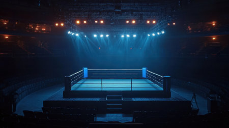 A captivating view of a boxing ring illuminated by dramatic stage lights in an empty arena, creating an intense atmosphere perfect for upcoming matches and events.の素材