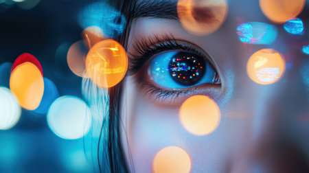A stunning close-up shot of a person's eye reflecting vibrant city lights, capturing the beauty and intricate details in a dreamy urban environment.の素材