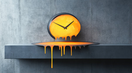 This captivating image features a surreal, melting clock draping over a concrete shelf, blending modern design with a warm color palette to evoke creativity and contemplation.の素材