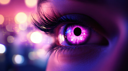 This stunning close-up of a vibrant eye features captivating pink and purple colors set against a backdrop of soft bokeh lights, evoking a sense of wonder and artistry.の素材