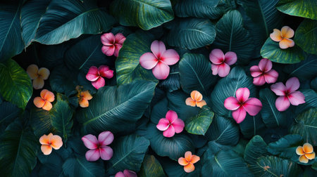 A stunning view of lush greenery adorned with vibrant plumeria flowers showcasing a rich palette of colors, ideal for nature-themed designs and botanical illustrations.の素材
