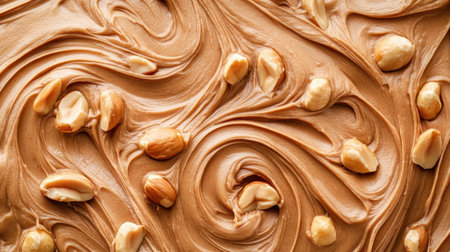 A close-up view of creamy peanut butter swirl featuring chunky nuts, showcasing rich textures ideal for food photography and culinary inspiration.の素材