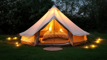 A beautifully set glamping tent with warm lights and elegant bedding in a tranquil outdoor setting, providing a perfect escape for relaxation and adventure.の素材