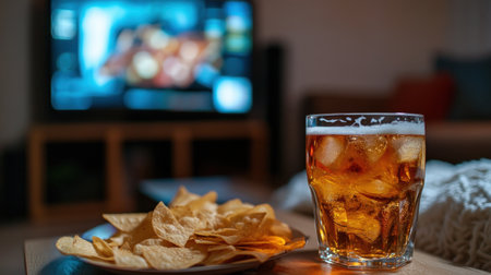 Enjoy a cozy evening at home with a plate of crunchy snack chips and a refreshing drink, perfect for entertaining friends while relaxing in front of the television.の素材
