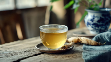 A soothing glass of herbal ginger tea elegantly rests on a rustic wooden table, illuminated by natural light, creating a calming atmosphere perfect for relaxation and wellness.の素材