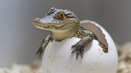 A mesmerizing close-up of a newborn crocodile peeking from its cracked egg shell, showcasing the beauty of wildlife and the remarkable moment of hatching in nature.の素材