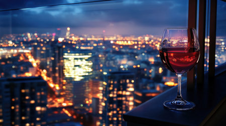 Enjoy a stunning view of a city illuminated at dusk with a glass of refreshing rose wine, creating a perfect ambiance for relaxation and celebration.の素材