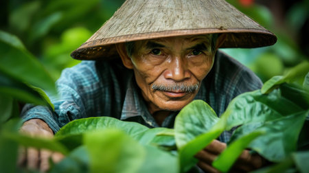 A focused elderly man wearing a conical hat lovingly examines the lush green leaves in his garden, reflecting a deep connection with nature and traditional agricultural practices.の素材