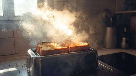 Captivating close-up of two slices of bread toasting in a kitchen toaster, with steam rising in the soft morning light, evoking a warm and inviting breakfast atmosphere.の素材