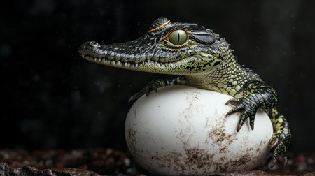 A captivating image of a baby crocodile poised on a large egg, showcasing its vibrant scales and alert eyes, encapsulating the rare moment of new life in nature.の素材