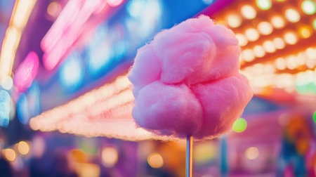 Experience the joy of carnival with this close-up of fluffy pink cotton candy on a stick, set against a backdrop of bright, colorful lights evoking fun and nostalgia.の素材