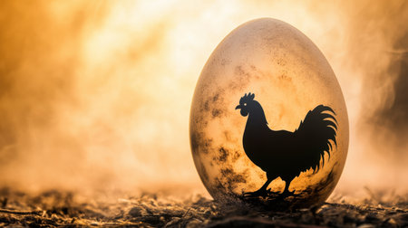 This stunning image features a silhouette of a rooster inside an egg against a warm, glowing background with soft fog, representing new beginnings and the beauty of nature's cycles.の素材