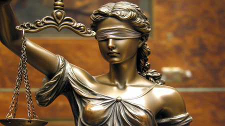 A beautifully crafted bronze statue of Lady Justice, blindfolded and holding scales, embodies the principles of fairness and equality in the legal system.の素材
