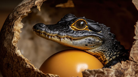 This striking image captures a baby crocodile peering from its eggshell, highlighting its unique features and vibrant colors in a captivating natural environment.の素材
