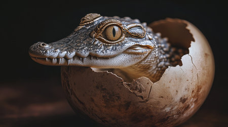A captivating close-up of a baby crocodile breaking free from its eggshell, showcasing intricate details in skin texture and an engaging expression, highlighting the wonders of wildlife.の素材