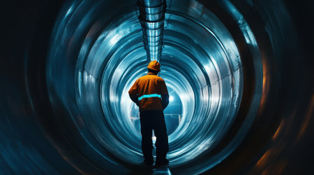 A worker in safety gear stands at the end of a large industrial tunnel, illuminated with mesmerizing blue lights, highlighting the importance of safety in engineering environments.の素材