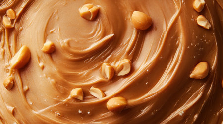 Delight in this close-up of creamy peanut butter swirled with chopped nuts, showcasing rich texture and indulgent flavor for culinary inspiration and food photography.の素材