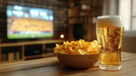 A festive setup for sports fans featuring a cold beer and a bowl of crispy chips on a wooden table, perfect for enjoying a thrilling game night at home.の素材