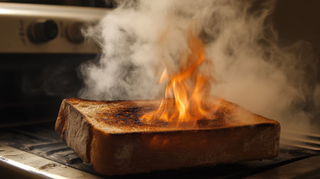 Close-up of a slice of toast engulfed in flames and smoke, illustrating a kitchen mishap. The image highlights the unexpected dangers of cooking in a vibrant manner.の素材