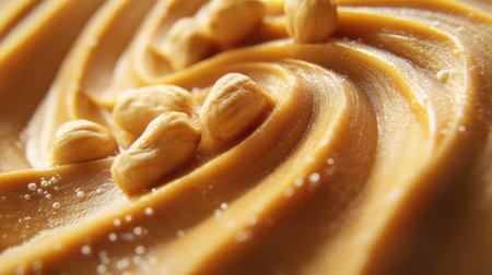Delight in the rich and creamy texture of peanut butter, featuring smooth swirls and topped with nuts, perfect for recipes, snacks, and healthy indulgence.の素材