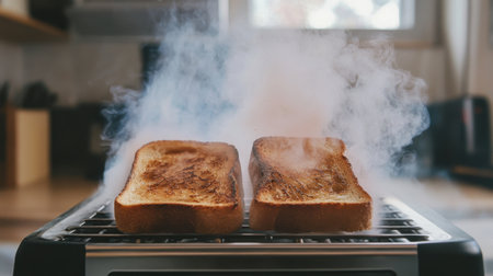 Two slices of perfectly toasted bread emitting steam, set in a warm kitchen ambiance, ideal for conveying themes of cooking, breakfast, and culinary enjoyment.の素材