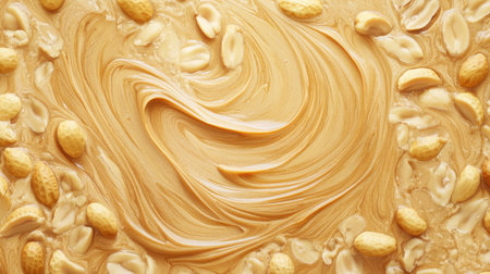 A visually appealing close-up of creamy peanut butter with swirling patterns and whole peanuts, perfect for food blogs, recipes, and culinary presentations.の素材