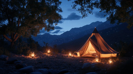 A peaceful camping scene featuring a cozy canvas tent illuminated by lanterns, set against a breathtaking mountain backdrop under a starry sky. Perfect for outdoor adventures.の素材