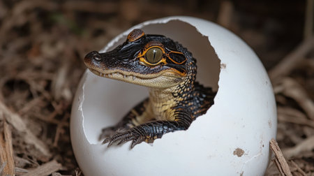 A captivating close-up of a baby crocodile emerging from its eggshell, showcasing intricate skin patterns and bright eyes in its natural habitat, reflecting the beauty of wildlife.の素材