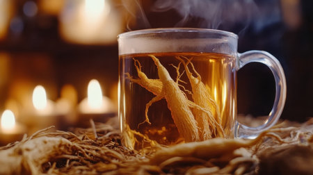 A soothing cup of herbal tea featuring ginseng roots steams in a clear glass mug, creating a calming ambiance with candlelight, perfect for relaxation and wellness.の素材
