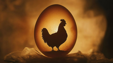 This striking image features a silhouette of a rooster inside a beautifully lit egg, surrounded by a soft, atmospheric background, perfect for farm and nature themes.の素材