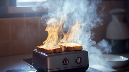 A dynamic image of burning toast in a silver toaster, surrounded by smoke in a sunlit kitchen, illustrating everyday cooking moments and unforeseen mishaps in the culinary world.の素材