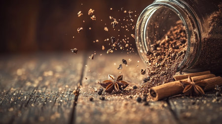 This captivating image showcases a jar spilling aromatic spices and herbs, featuring star anise and cinnamon sticks on a rustic wooden surface, evoking warmth and culinary creativity.の素材