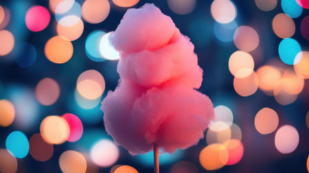 A vibrant image of pink cotton candy stands out against a blurred backdrop of colorful bokeh lights, evoking a joyful and festive atmosphere perfect for celebrations.の素材