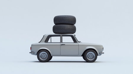 This image displays a classic car topped with two tires, symbolizing a playful yet artistic take on vehicle maintenance and transportation, set against a minimalist backdrop.の素材