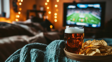 Enjoy a cozy evening at home with a glass of beer and crunchy nachos while watching an exciting sports game on television, all set in a warm and inviting atmosphere.の素材