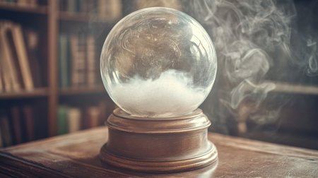 A captivating crystal ball with wispy smoke rests on an elegant wooden stand, set against a backdrop of bookshelves, evoking mystery and magic in a serene atmosphere.の素材