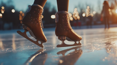 A close-up view of ice skating boots gliding on a frozen surface, showcasing the joy of winter sports in a beautifully decorated outdoor setting filled with festive lights.の素材