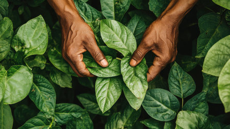 Two hands delicately hold vibrant green leaves, surrounded by lush foliage, showcasing the beauty and importance of nature and sustainable practices in our environment.の素材