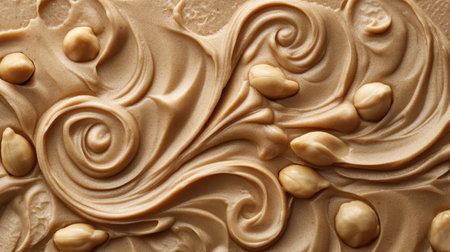 A close-up view of creamy almond butter featuring smooth swirls and whole nuts, perfect for food-related content, emphasizing natural ingredients and delicious flavors.の素材